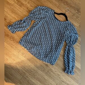 Eva Franco Blue and White Blouse w Dotted Swiss Texture and Gathered Sleeves